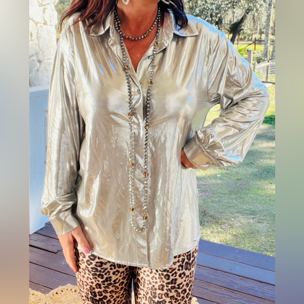 BiBi Metallic Silver Women's Top - Holiday Ready - New NWT (Medium)